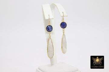 14 K Gold Moonstone Earrings, Sapphire Gemstones, September Birthstone Dangle - A Girls Gems